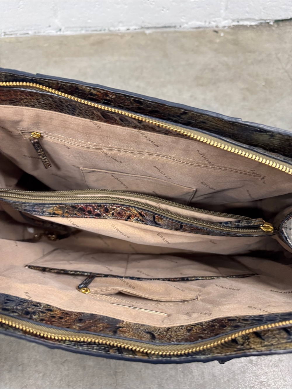 Brahmin Multicolor Croc-Embossed Satchel in Blue, Brown & Tan - Picture 8 of 9